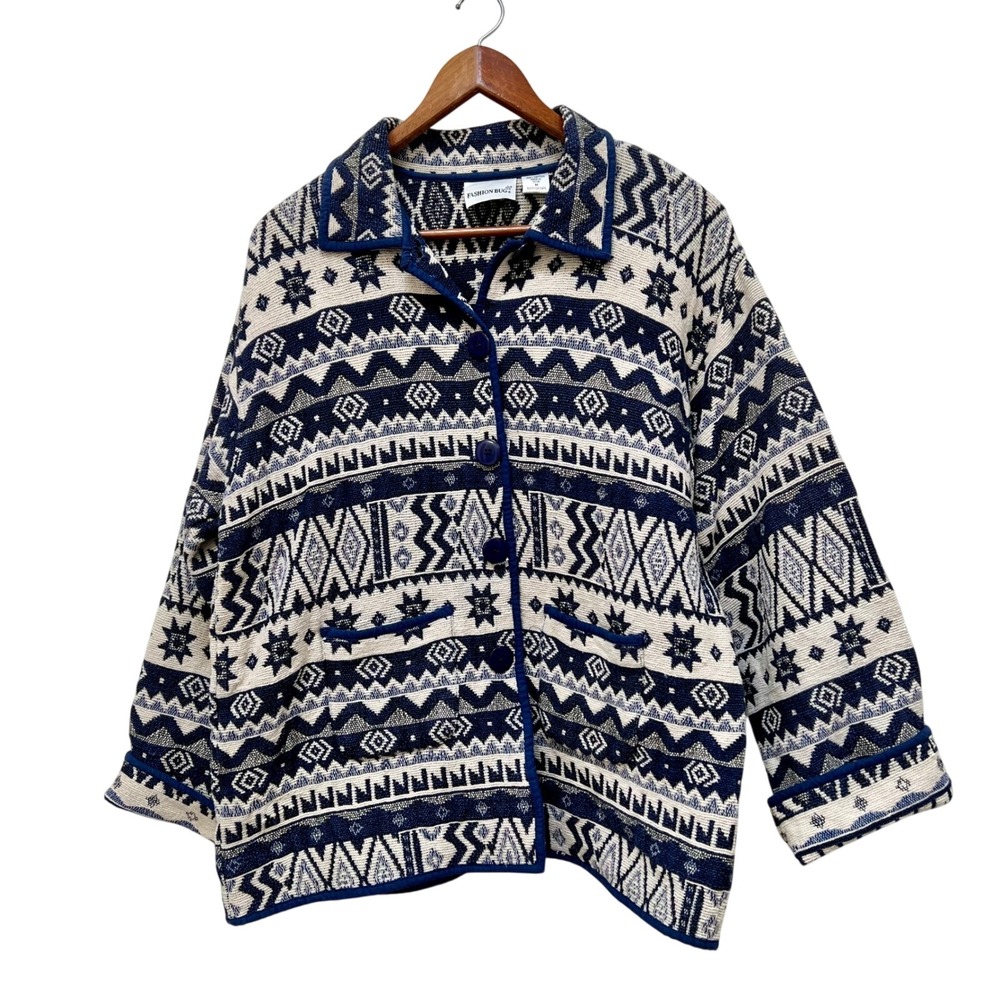 Vintage Fashion Bug Southwestern Tapestry Jacket Navy Blue Cream Cotton Womens M